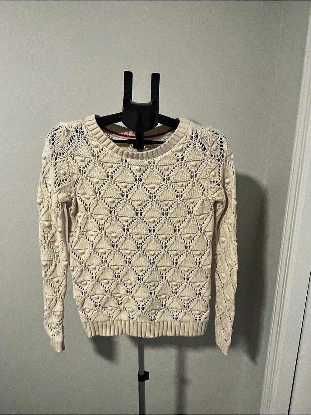 Tommy Hilfiger Pointelle Bobble Crew Neck Pullover Sweater Cream Small